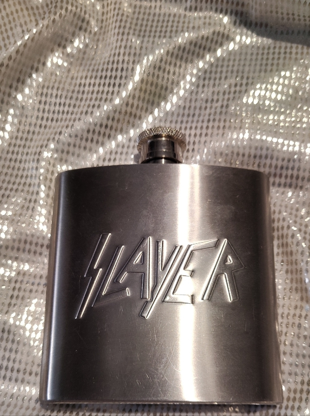 Slayer Embossed Stainless Steel Hip Flask - Silver